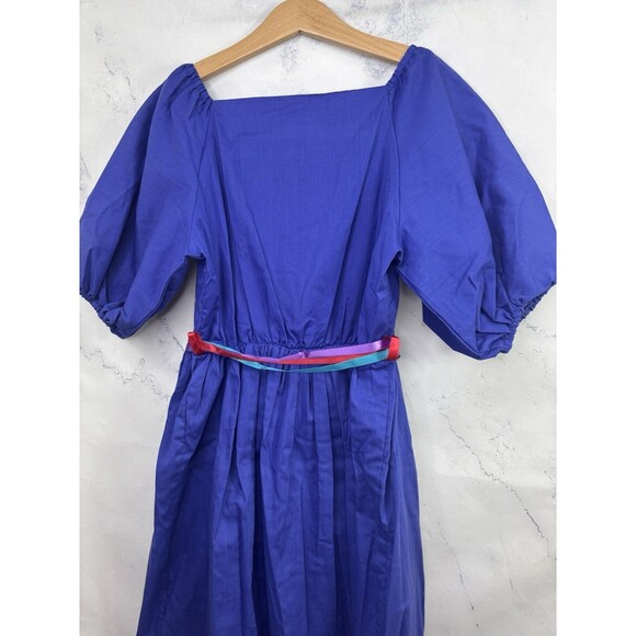 Vintage 70s Prairie Dress Kids Girls Sz 10 cottagecore Folk Blue Novelty Ribbon - Picture 11 of 16